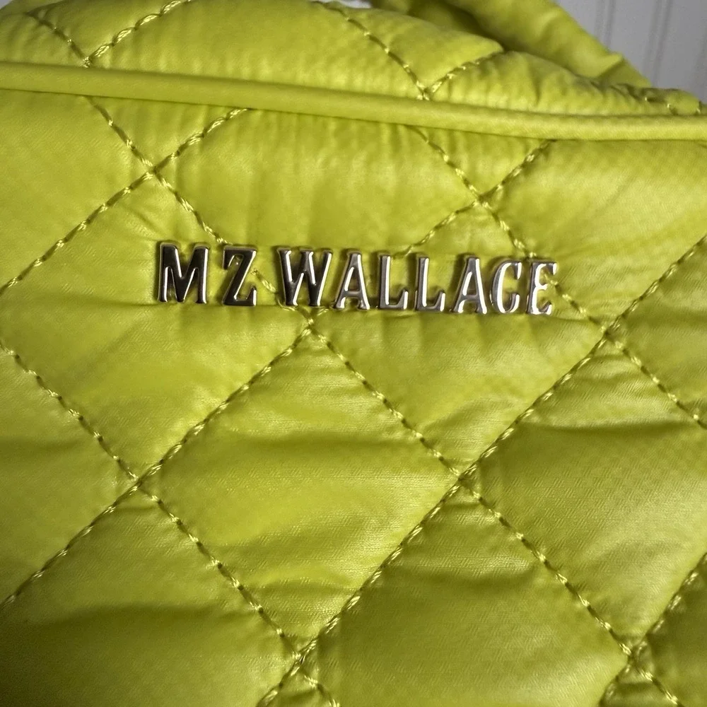 MZ WALLACE Zip Round Organizer Quilted Nylon Pouch Makeup Bag Travel Lime Green